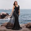 European and American Style Long Dress for Plus-Size Women, V-Neck, Ruffled Sleeves, Cocktail Party Evening Dress, Mother's Dress, Party Dress
