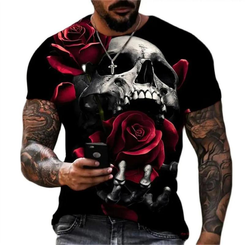 Men's Casual T-Shirt, Gothic Skull Heart Hands Graphic Black Short Sleeve Crew Neck Tee Cool Streetwear Halloween Fashion Top