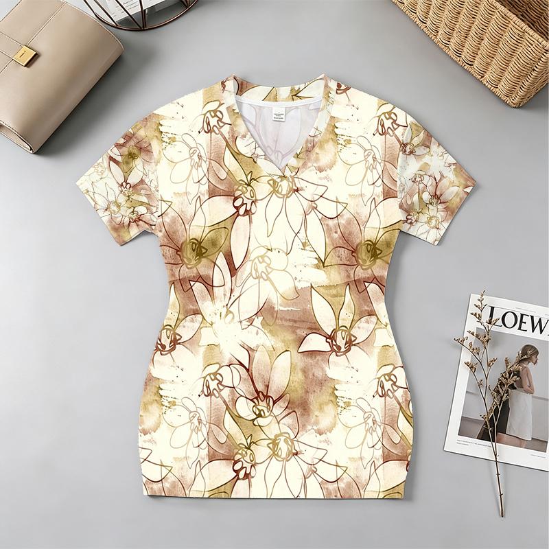 V-Neck Short Sleeve Floral Dress, Sophisticated Style, Slim Fit, Soft Fabric, Versatile for Beach Vacation & Party