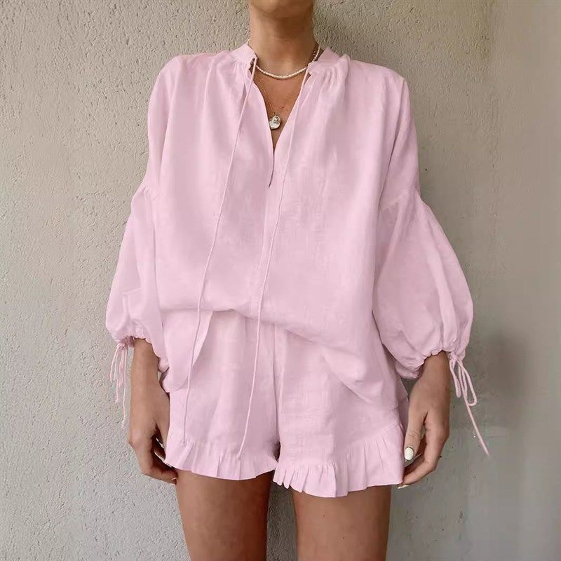 Solid Color Loose Vneck Lantern Sleeve Shorts Twopiece Set