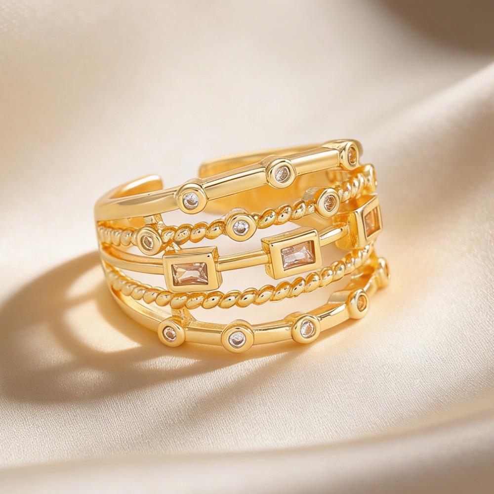 European Geometric Gold-Plated Multi-Layer Ring with Inlaid Rhinestones