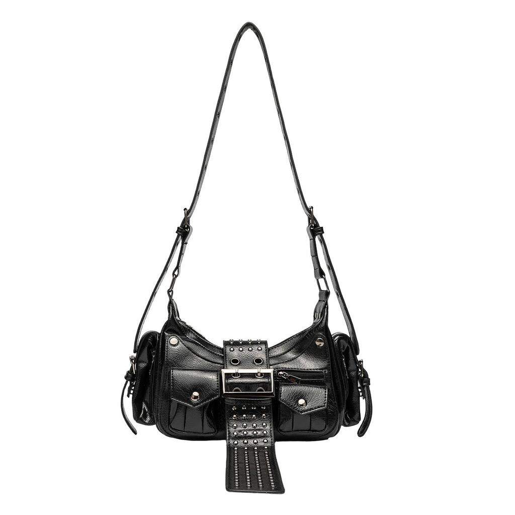 Niche Distressed Leather Single-Shoulder Bag with Personalized Rivets, Workwear Style Underarm Crossbody Bag
