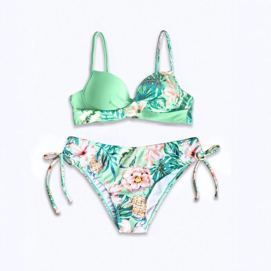 New printed split bikini sexy strap swimsuit ins wind pure desire beach swimsuit