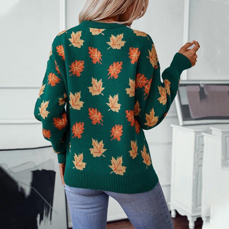 Jacquard-Pullover mit Rundhalsausschnitt, Ahornblatt-Muster, lässiger Pullover, lockere Strickwaren, dick, warm, Pendeln, Harajuku, langärmeliges Unterhemd, Herbst/Winter
