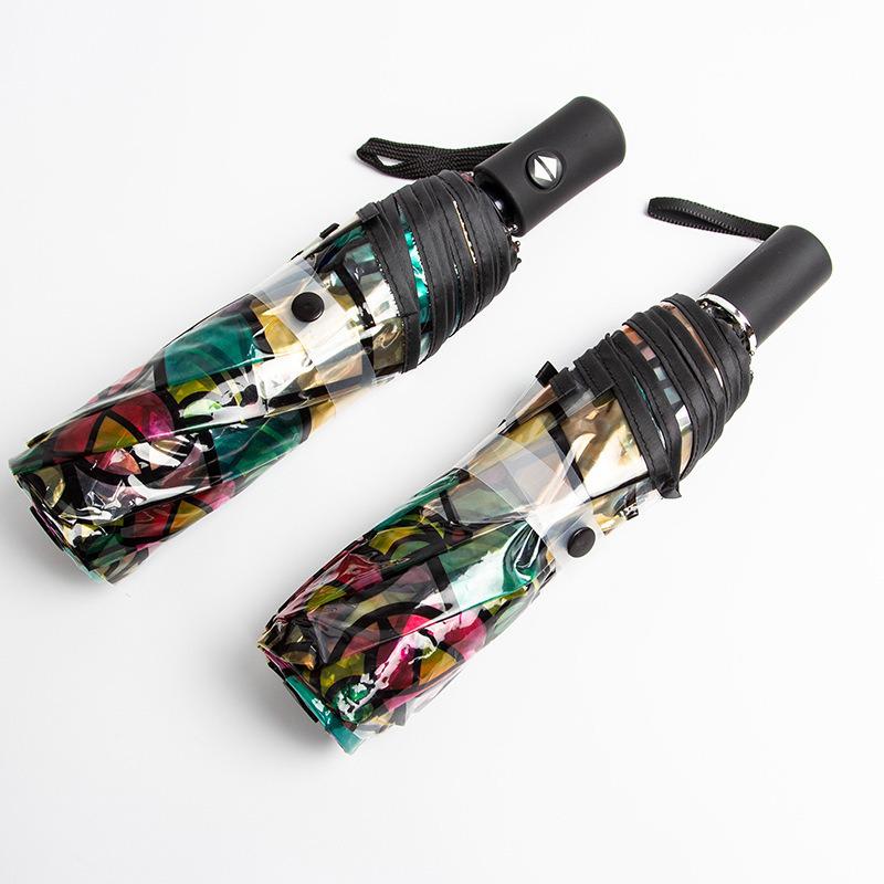 Colorful Transparent Automatic Folding Umbrella with Eight Ribs - High-End Feel and Portable Design