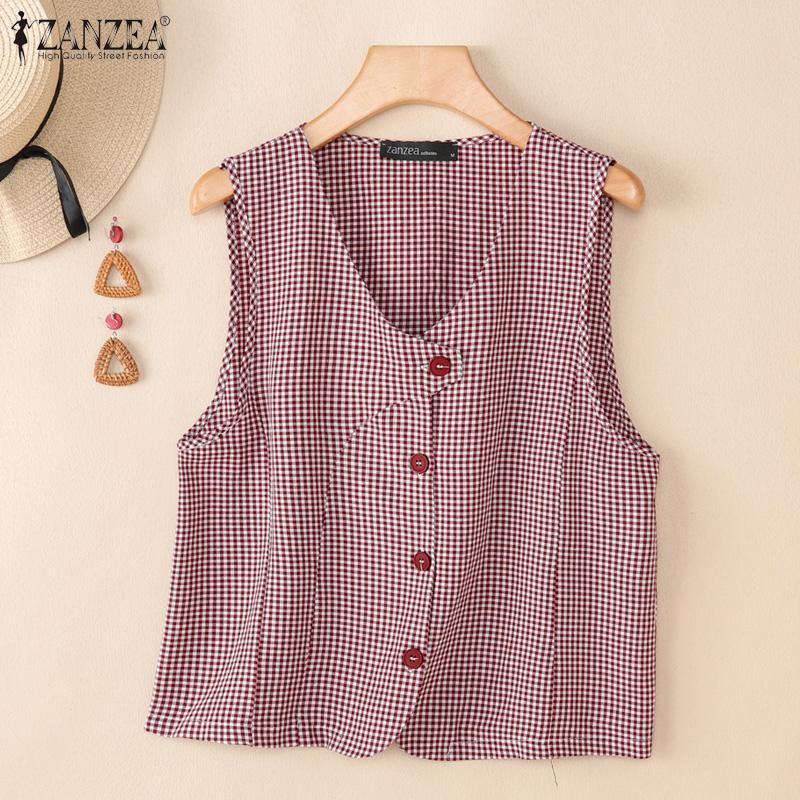 ZANZEA Women V-Neck Casual Sleeveless Grid Print Tank Tops