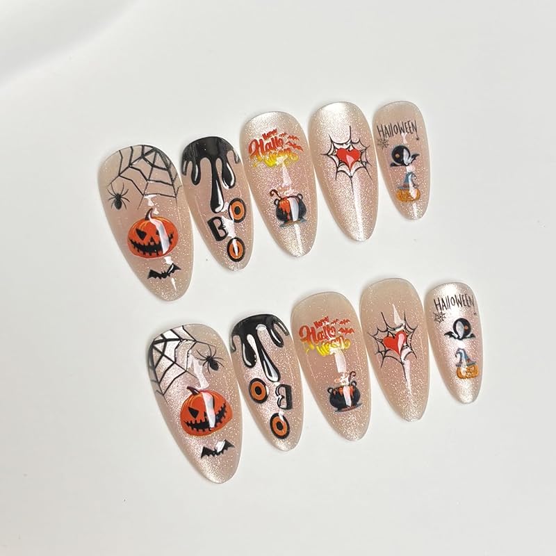 Short Almond Press on Nails Halloween Fake Nails Gothic Bat Acrylic Nail Cute Ghost False Nail with Purple Glitter Design Goth Halloween Nails Press