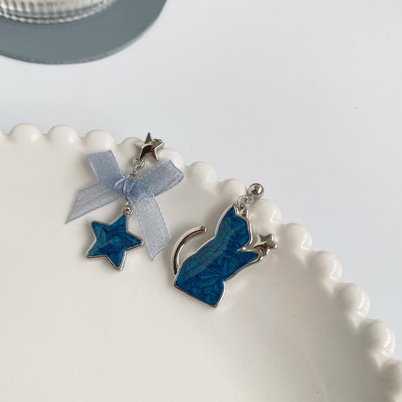 Girly Asymmetrical Cat Star Bow Earrings