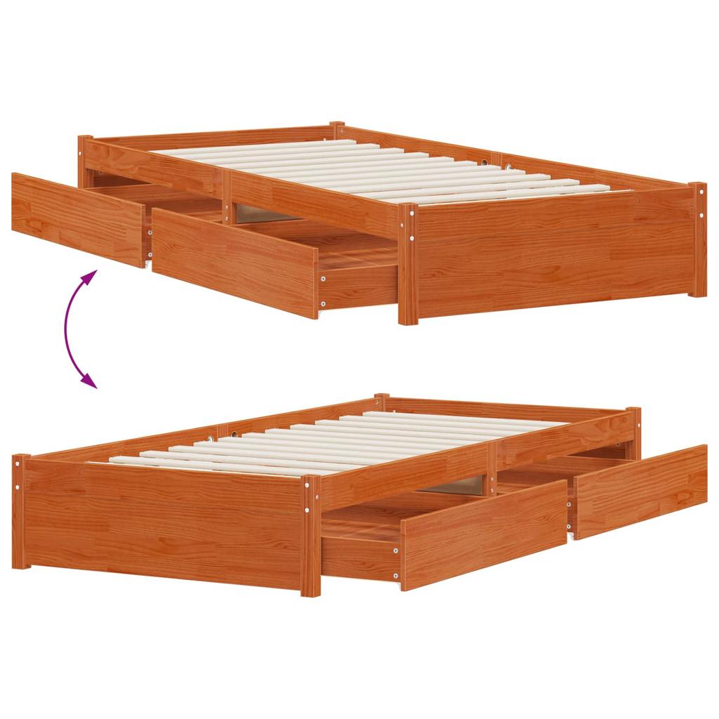 Bed Frame with Drawers 3 pcs Wax Brown Pine Wood