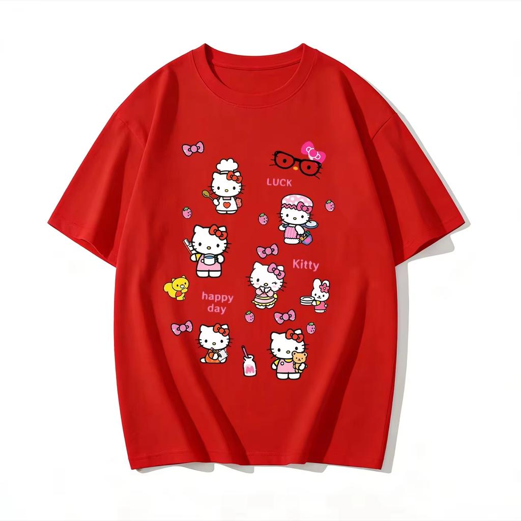 New Summer Cute HelloKitty TShirts Soft Cotton Short Sleeve Tees for Parents Kids Breathable Casual Daily Outfit Tops