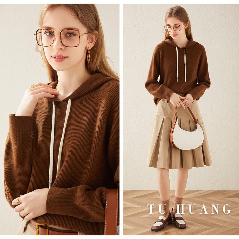 TUHUANG Women's 100% Wool Hooded Pullover Sweater