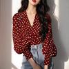 Retro Hong Kong style red polka dot long-sleeved shirt women's spring new fashion temperament age-reducing V-neck shirt women A