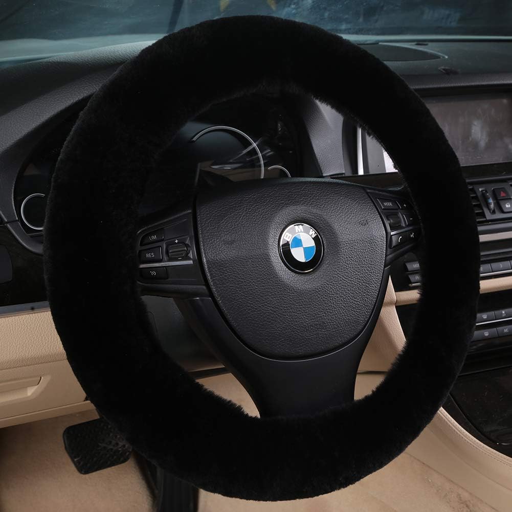 Fluffy Wool Sheepskin Fuzzy Black Car Steering Wheel Cover For Universal Auto Steering Wheel 14 1/2-15 1/2Inch, Anti-Slip, Soft Plush, Comforting And