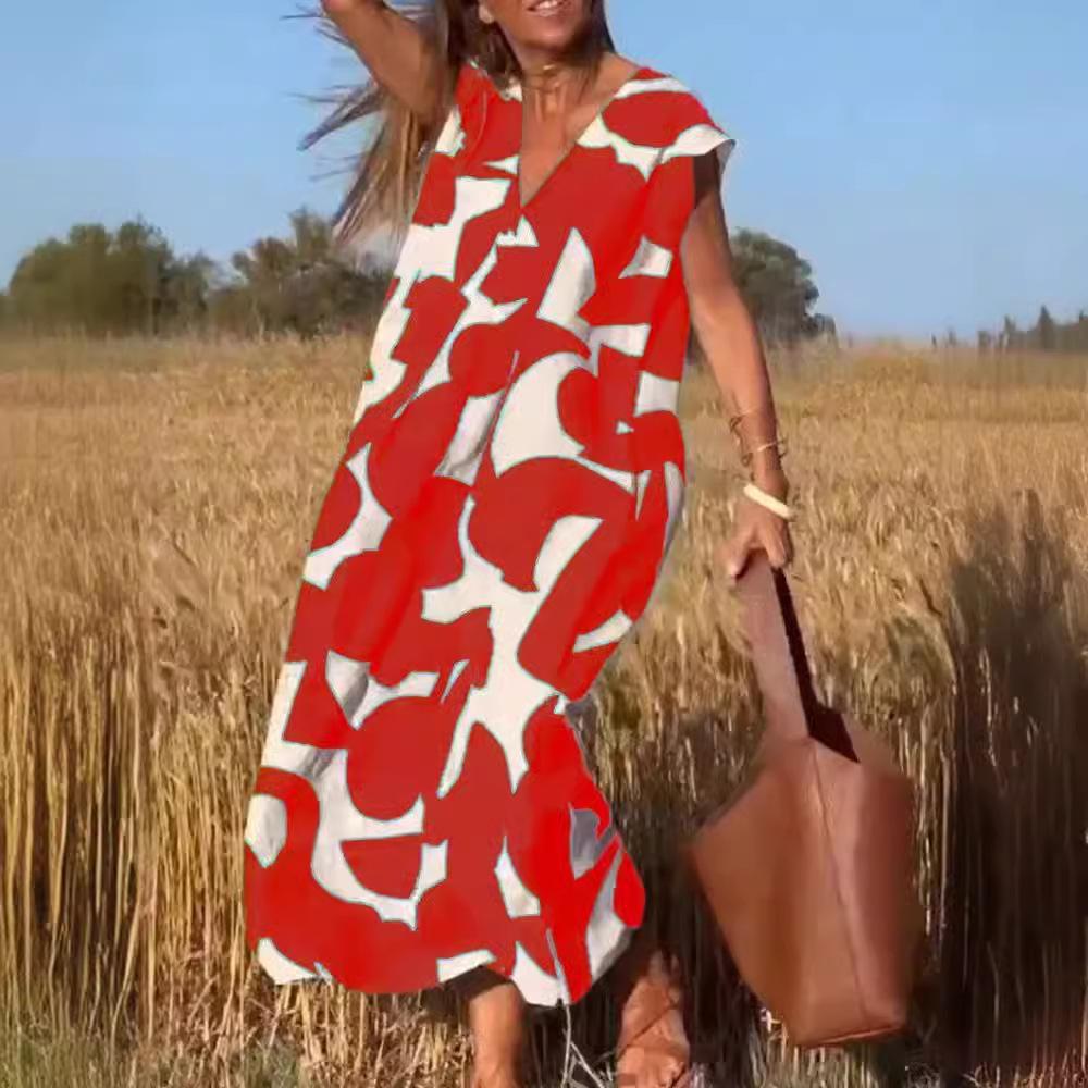 Elegant ladylike V-neck loose waist dress, summer fashion new versatile long skirt, Europe and America