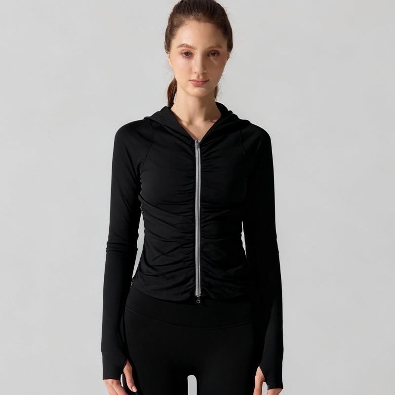 

Women s Versatile Yoga Jacket: Hooded, Double Zipper, Pleated Long Sleeve, Slimming Fit S