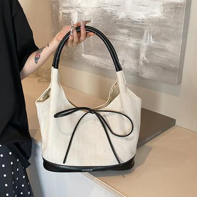 Bolso Tote de Lona Patchwork Vintage Nicho Blanco y Negro de Gran Capacidad Multifuncional para Desplazamientos