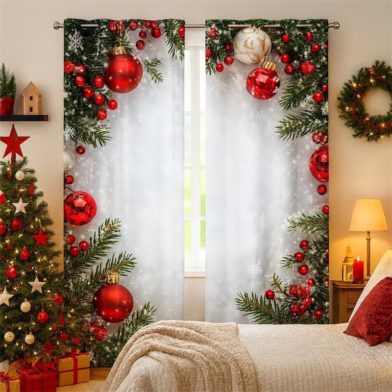 Christmas Ball Holiday Printed Curtains, 2 Pieces 2D Flat Printed Red Luxury Xmas Print Curtains with Snowflakes  for Holiday Party Decor