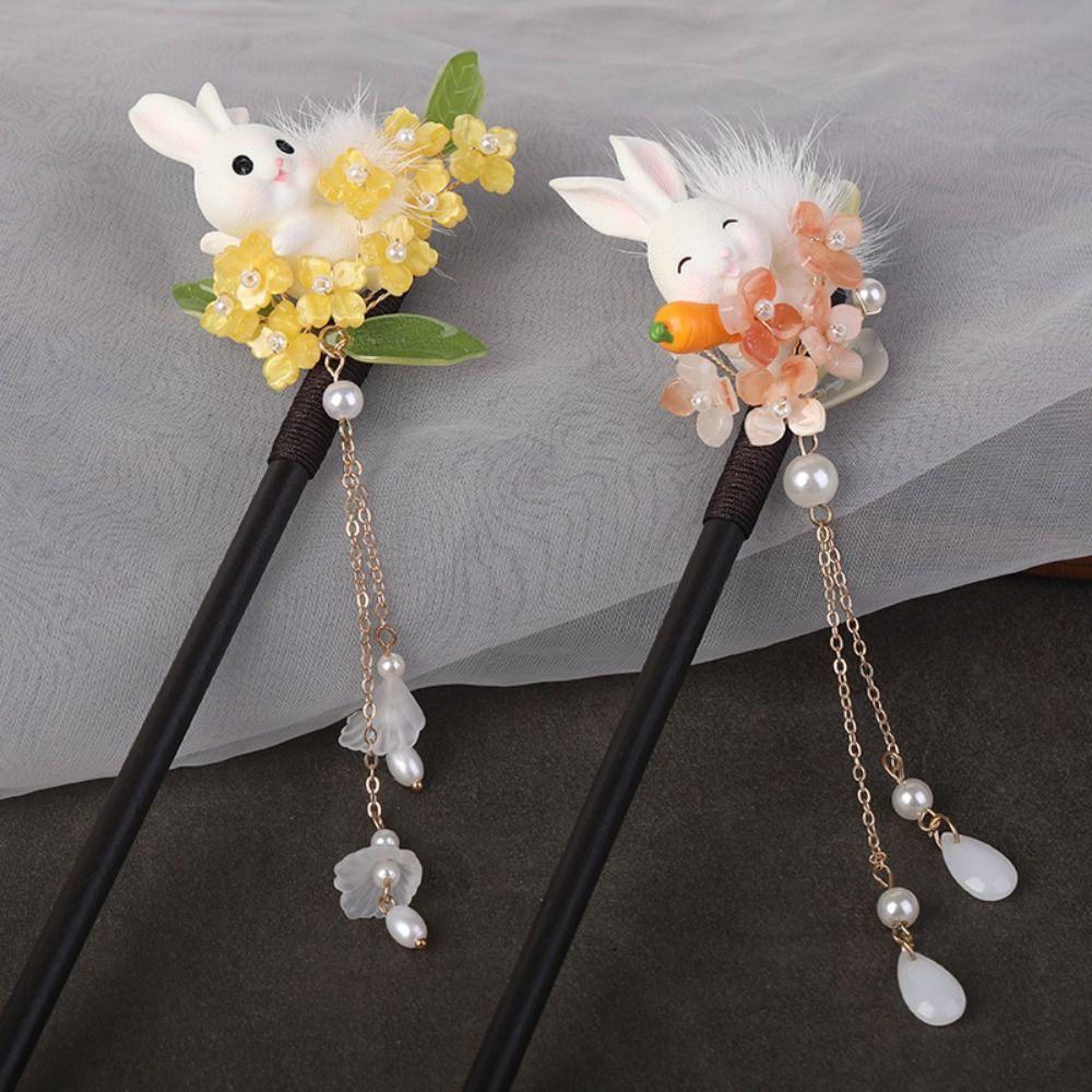 Králičí dřevěná tyčinka do vlasů střapec Hanfu Hairpin Classic Cheongsam příslušenství