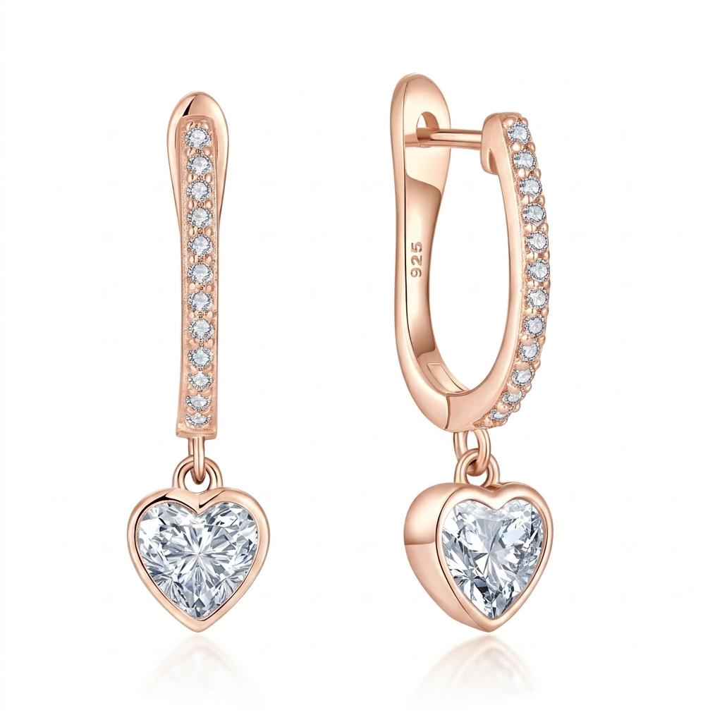 QX New Elegant 925 Sterling Silver Earrings Tiny Bezel Set Heart Charm Dangles Earrings Huggie Hoops for Women