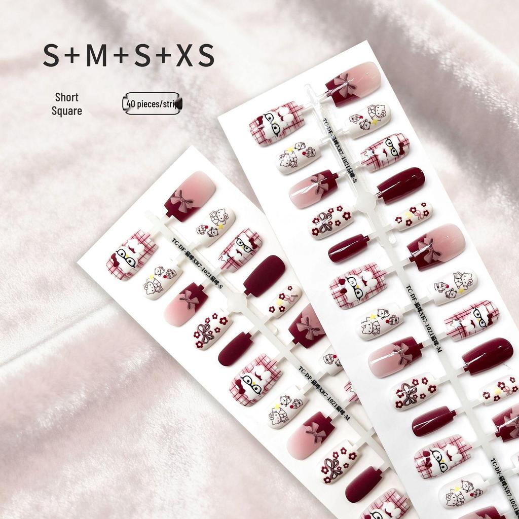 Chinese Style Cartoon Cherry Red Short Wearable Nails for New Year