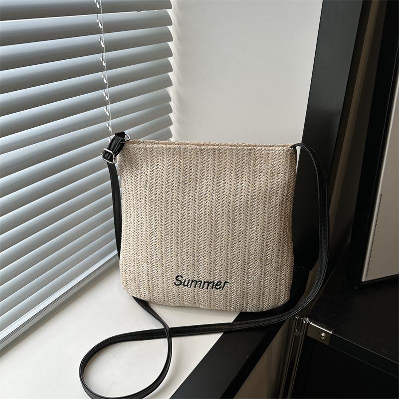 Woven Bag Women's New Large-capacity Letter Shoulder Bag Outdoor Leisure Lightweight Inclined Bucket Bag