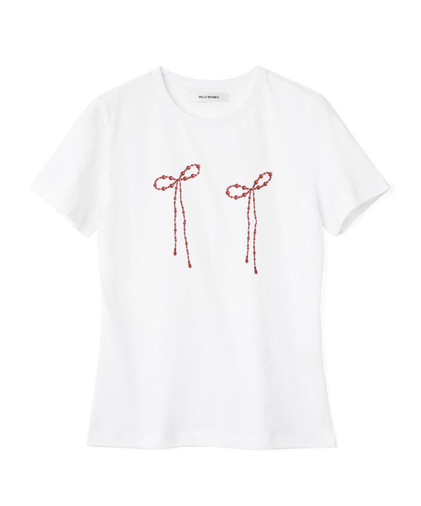 MILLO WOMEN Pearl Ribbon T-Shirt [Pure White]