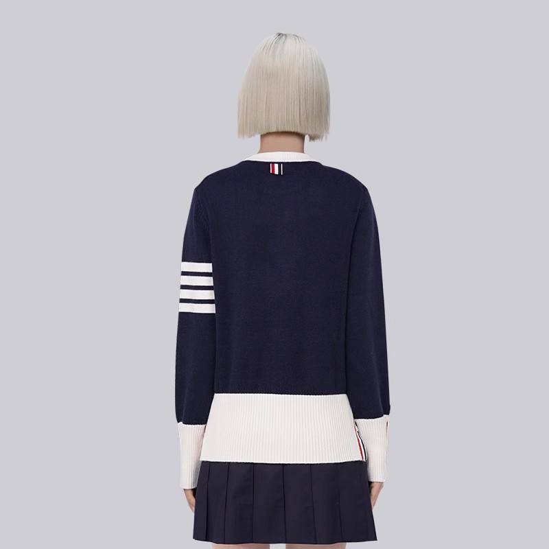 TB Knitted Sweater Women's New Autumn and Winter Same Style Couple's Color Collision Loose College Style Color Blocked Round Neck