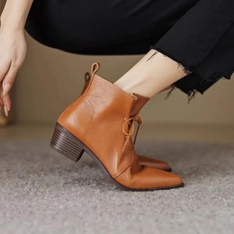 fashion Ankle Square Heel Modern Boots Winter Korean Style Ladies Shoes 2024 High Quality Lace-up Pointed Toe Mid Heel Women's Boots