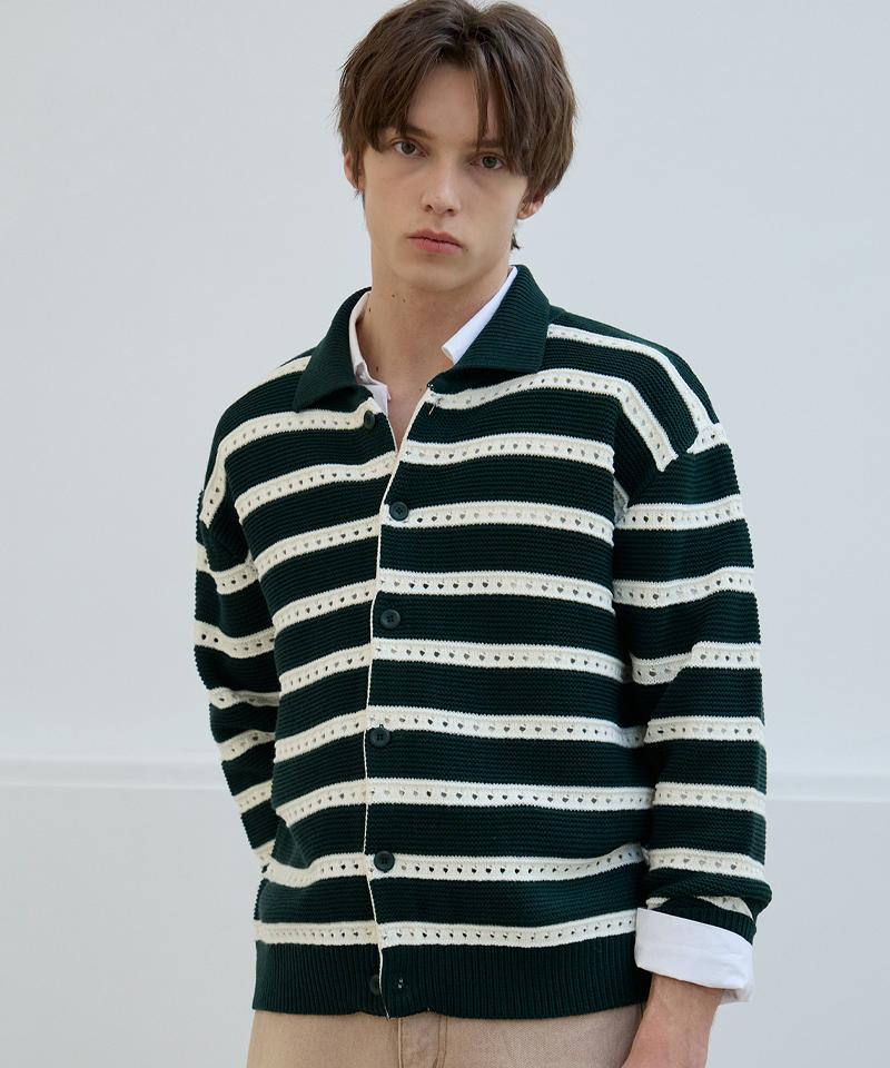 Nodu Scalloped Stripe Collar Knit Cardigan [Green]