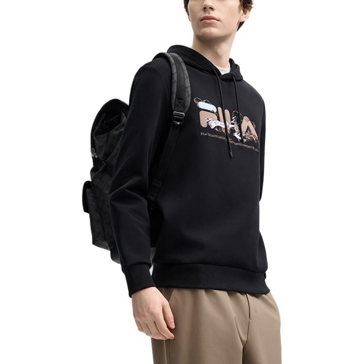 FILA Heritage Series Letter Print Cloud Riding Knit Hoodie Men hoodies Black F11M518212F-BK