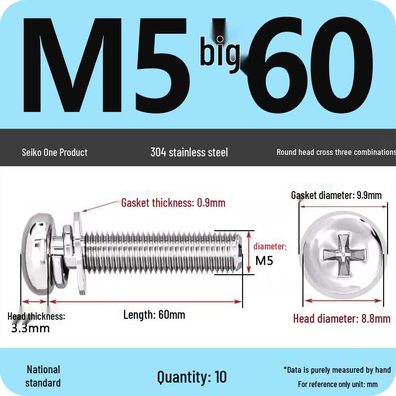 304 Stainless Steel Round Head Phillips Screw with Flat Washer (Sizes M3, M4, M5, M6)