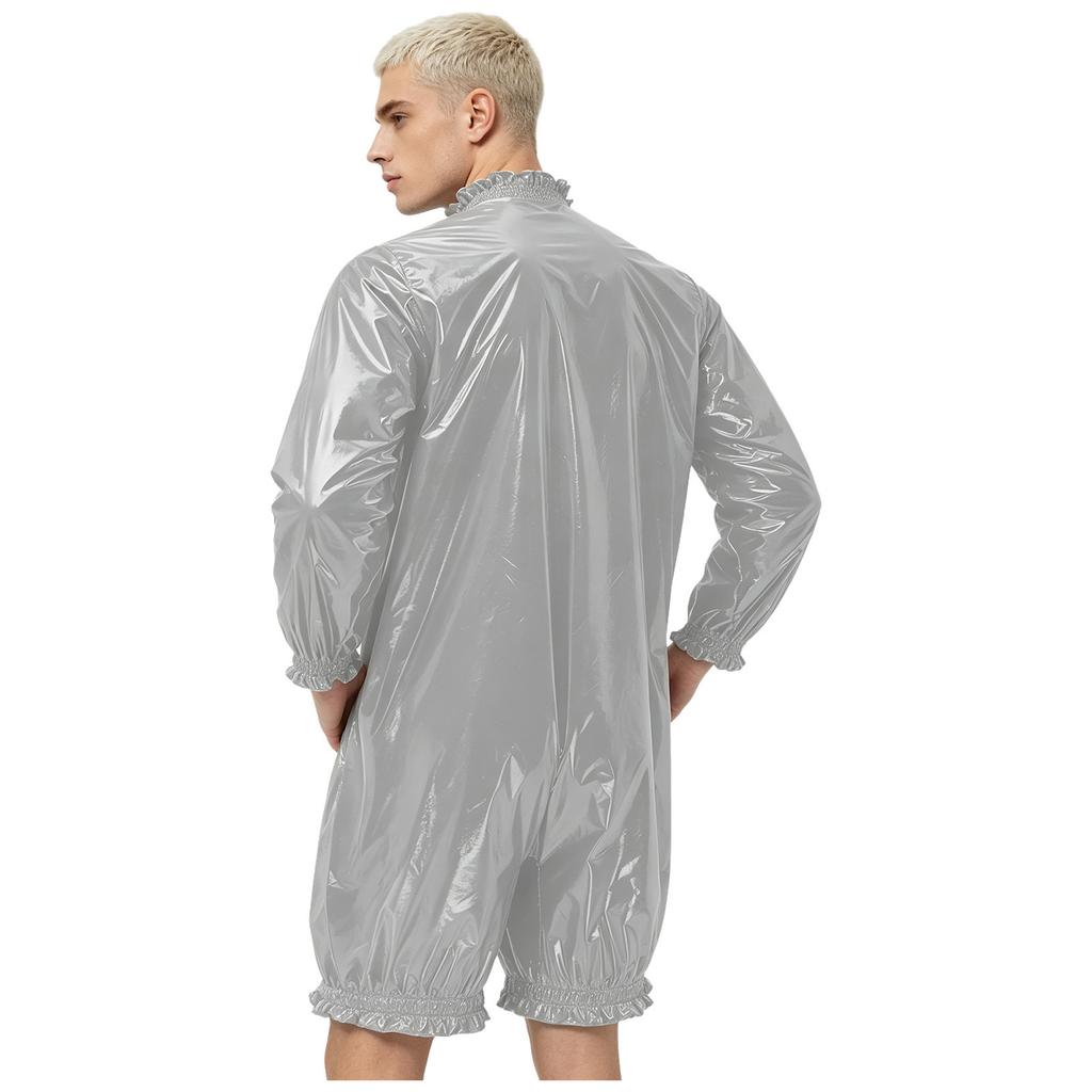 Front Zipper Mock Neck Long Sleeve Ruffled Bodysuit for Men Waterproof Vinyl Swimwear Clubwear Diaper Cover Short Bottoms