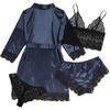 4-Piece Women Sexy Garter Lingerie Set Robes Lace Bodysuit Deep-V Neck Underwear