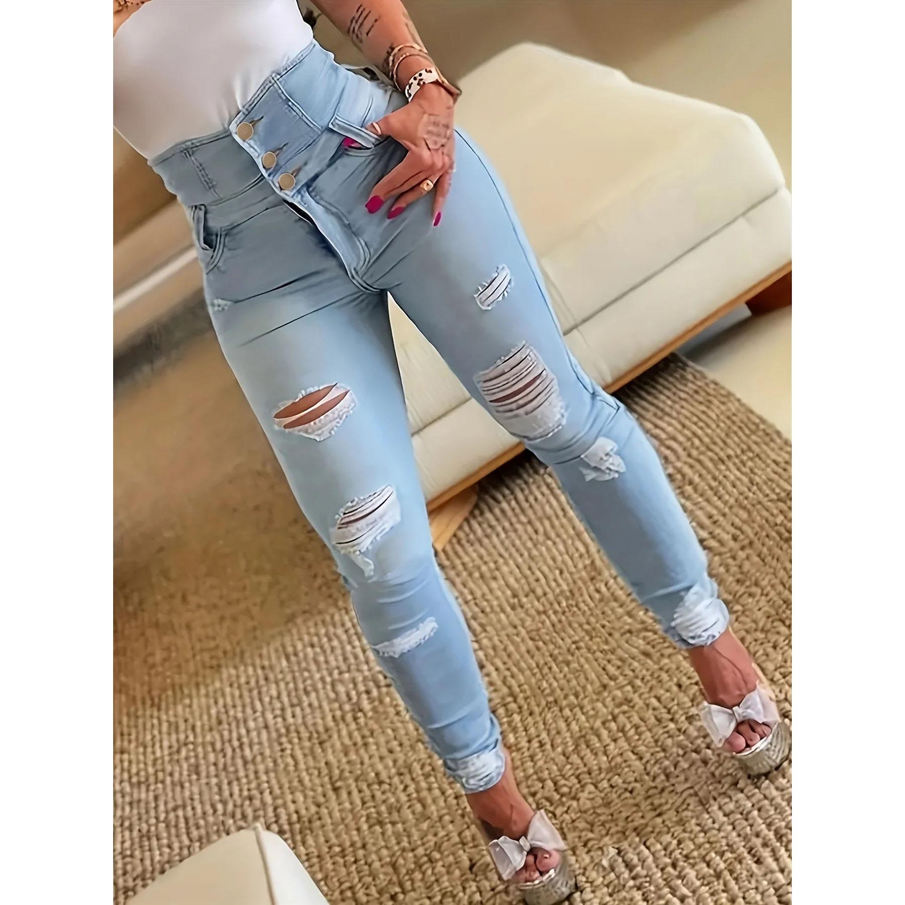 

Danmo женские однобортные джинсовые брюки с высокой талией и пуговицами, повседневные джинсы скинни с рваными отверстиями, большие размеры M синий