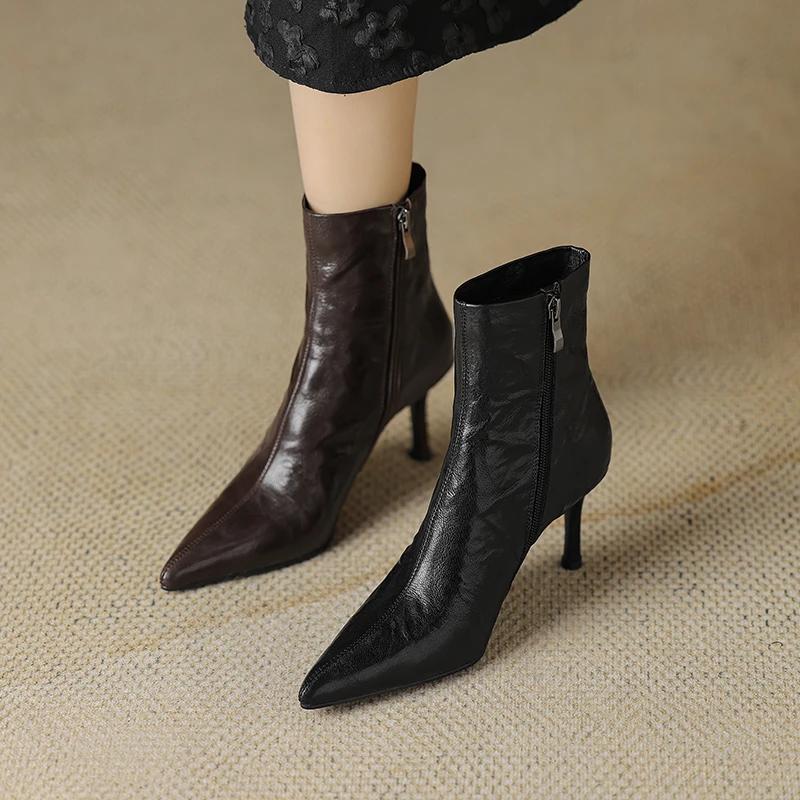 Fashion 2024 New Sheepskin Ankle Boots High Heels Women Boots High Heels Thin Heel Short Boots Genuine Leather Winter Leather Shoes