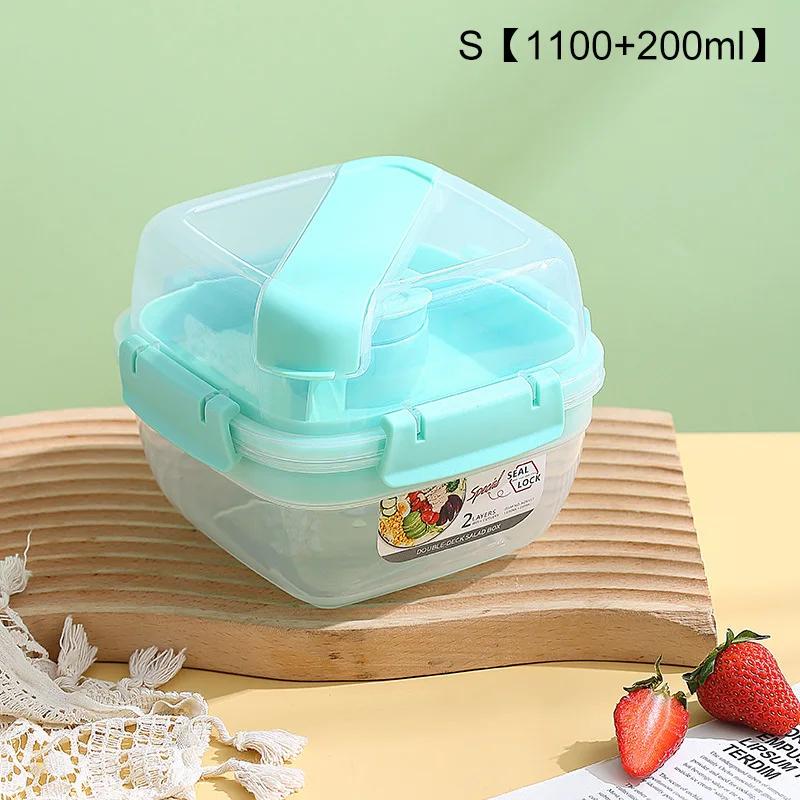 Portable 2 Layer Salad Bowls with Fork 1300ml/1600ml Lunch Box Sealed Leakproof Bento Boxes Reusable Picnic Box Food Container