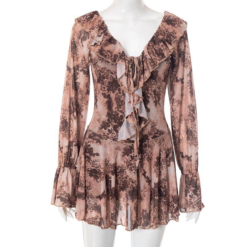 J25Ds180 Foreign Trade Women s Clothing Leopard Print Mesh Off-Shoulder Ruffle Tie Strap Flared Long Sleeve Short Dress Brown S