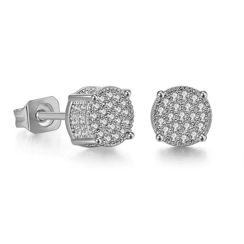 Cao Shi European and American Style Full Diamond Hip Hop Men's Stud Earrings with Micro-Inlaid Zircon and Electroplated Round Design