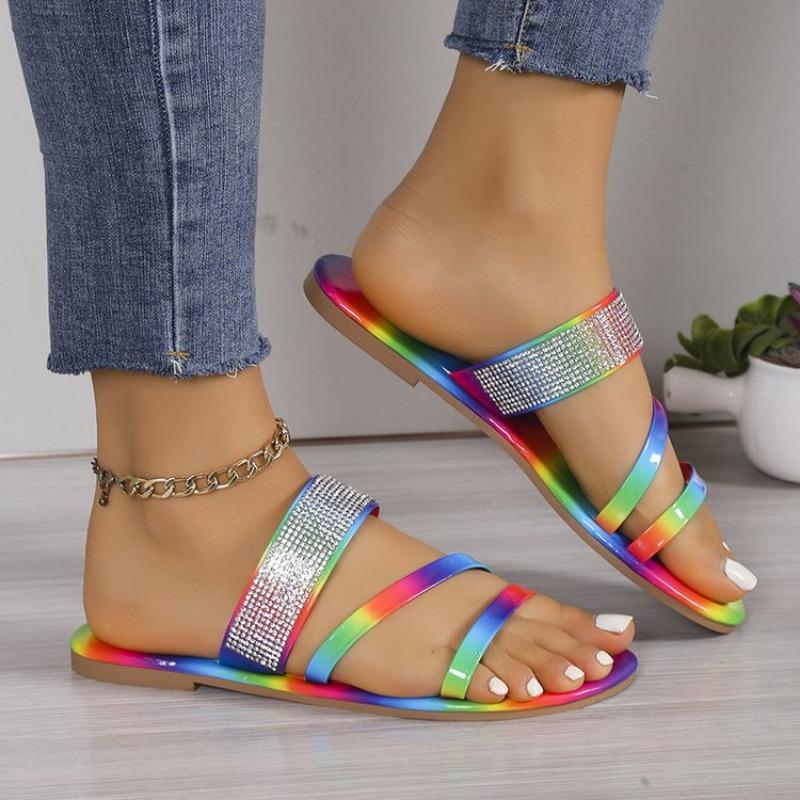 Spring and Summer New Large Size Rainbow Rhinestone Cool Slippers Flat Bottom Fashion Daily Casual Wear Comfortable Dew