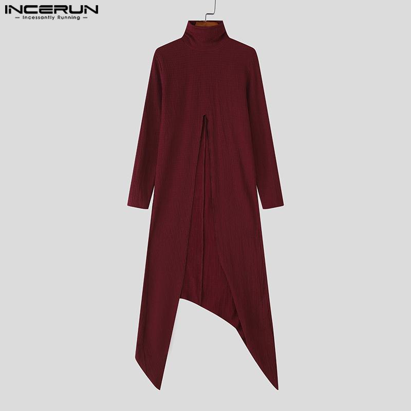 INCERUN Men Turtleneck Long Sleeve Texture High Splits Irregular Long Tunic Tops