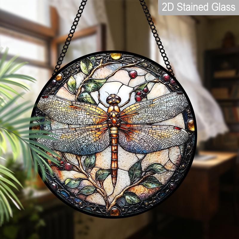 2D Flat Stained Glass Dragonfly Window Decoration, 7.87inches Colored Glass Plate with Chain Window Door Wall Decor, Charming Spring Summer Sun