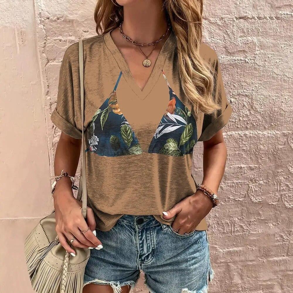 Summer Funny Bikini 3D Print T-shirts Women Casual Fashion Streetwear Short Sleeve V-Neck T Shirt Harajuku Tees Tops Clothing