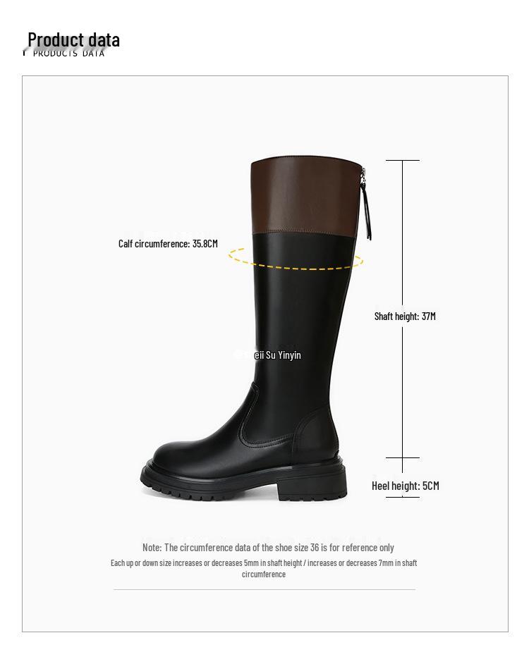 Su Yinyin Style Colorblock Round Toe Thick Sole Back Zipper Women's Riding Boots