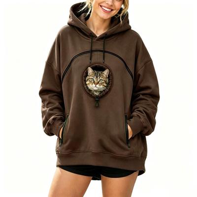 Felpa con cappuccio in pile da donna con ricamo di gatto, vestibilità ampia, manica lunga, con zip, top casual