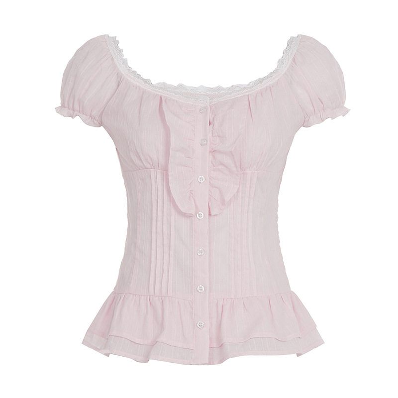 

Purely Sexy Style Pink Puff Sleeve Shirt for Summer with Lace Splicing, Ruffles, and a Youthful Look for Women Pink S