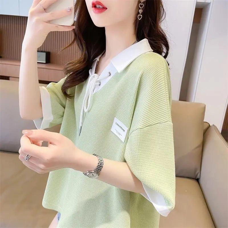 Spring Summer Contrast Lacing Loose T-Shirts Polo Neck Long Sleeve Patchwork Tops Tees Casual Women Clothing