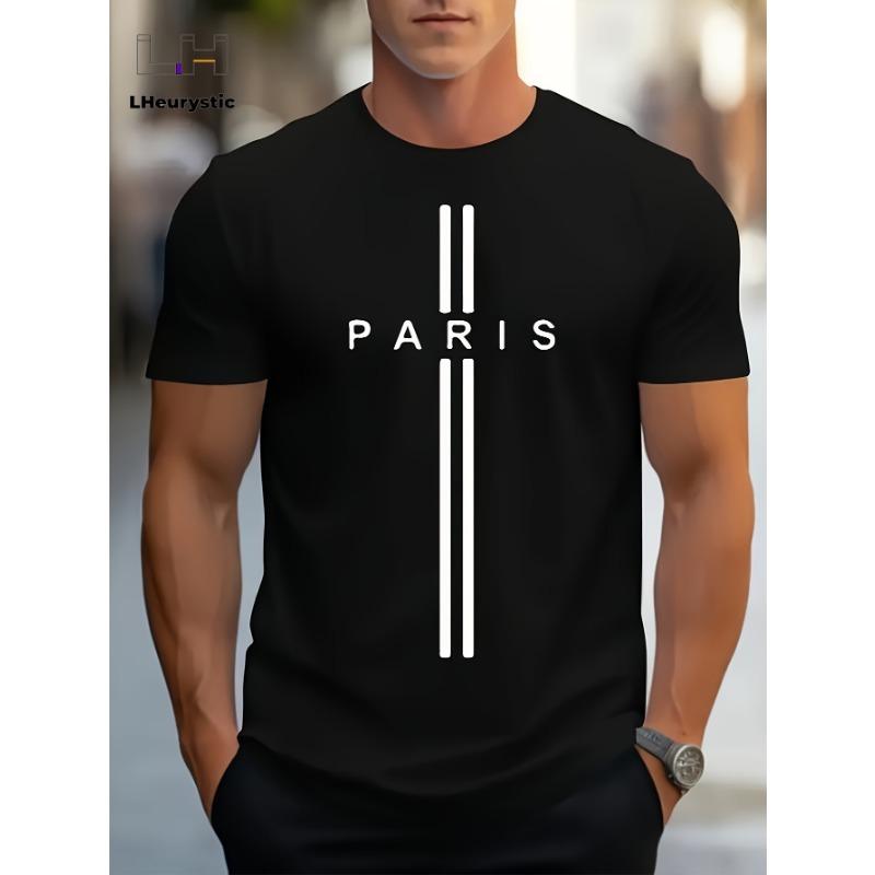 Men's Summer Loose Size PARIS Letter Graphic Printed Slim Fit Casual Sports Round Neck Short Sleeved T-shirt Top