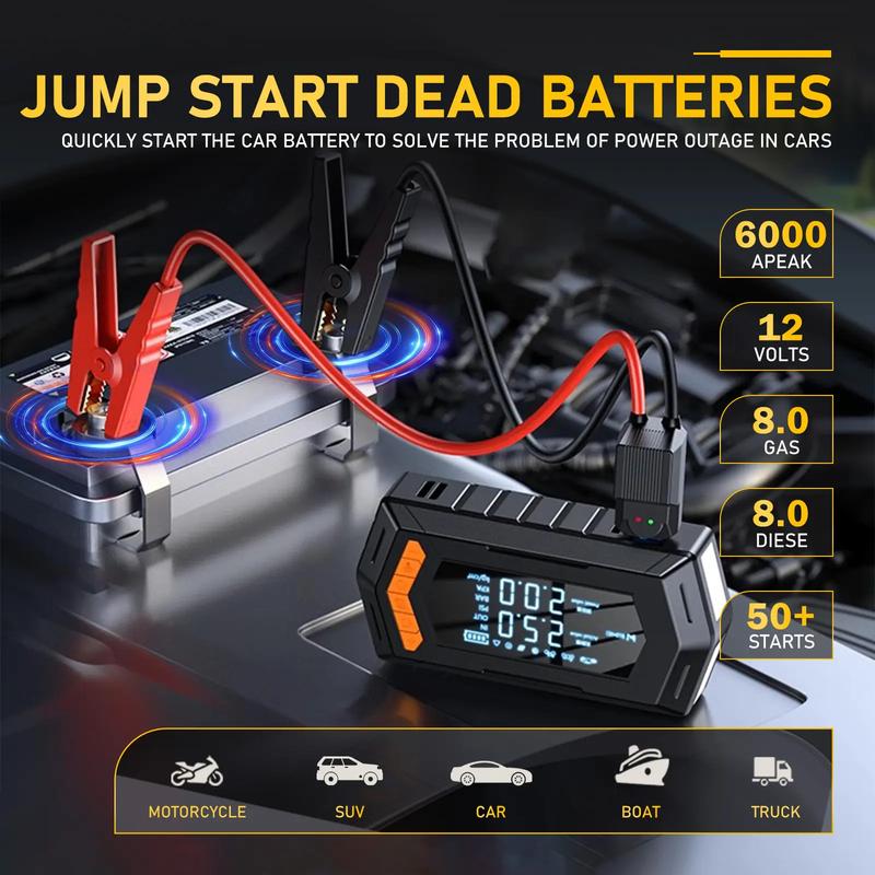 BUVAYE Portable Car Jump Starter With 150PSI Vacuum Extraction Air Compressor, 12V 6000A Car Battery Jump Starter Battery Pack