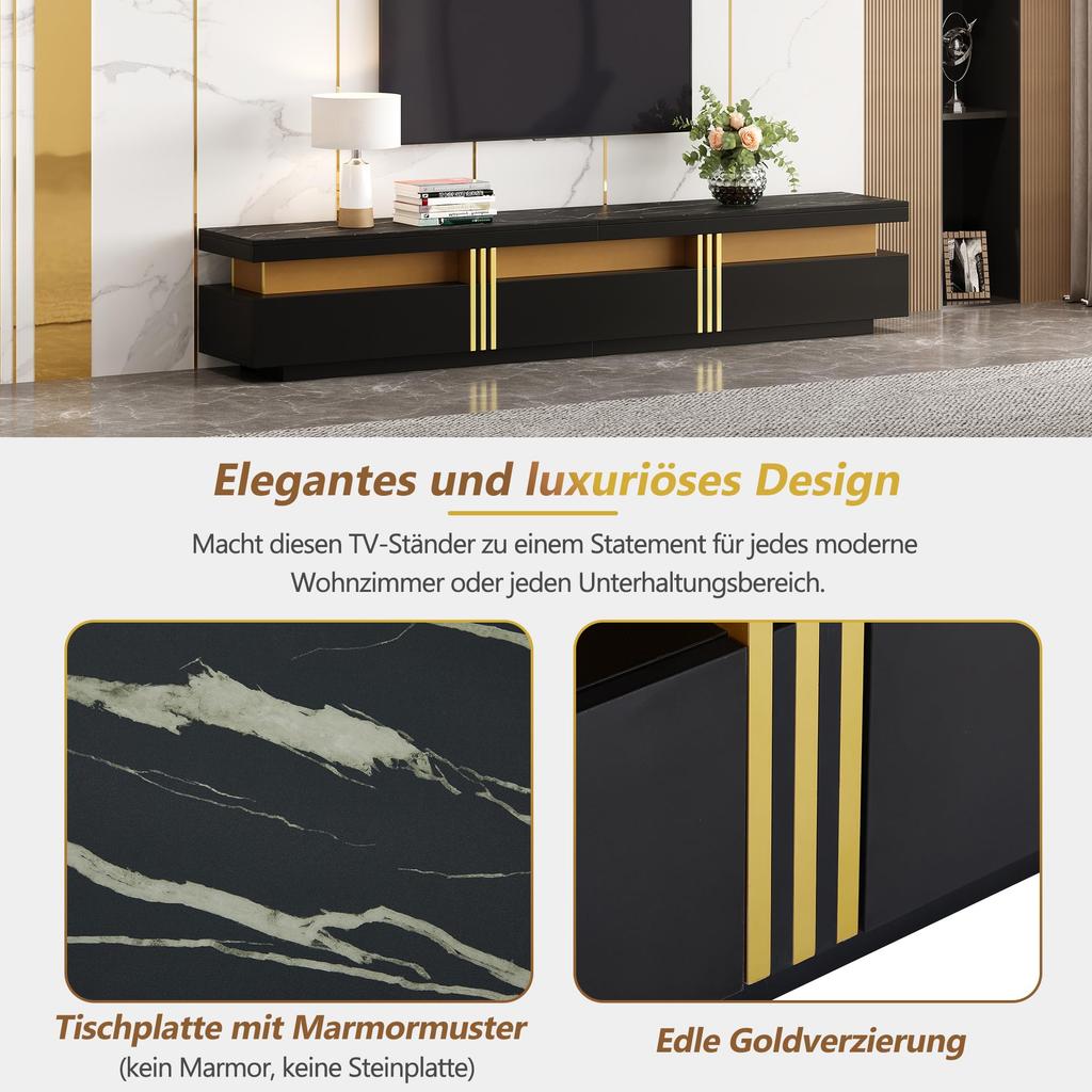TV-Schrank TV Board drei Schublade, TV-ständer Fernseher bis zu 90 Zoll, Fernsehtisch Wohnzimmer, Esszimmer, Schlafzimmer, Ink. 200cm, Schwarz