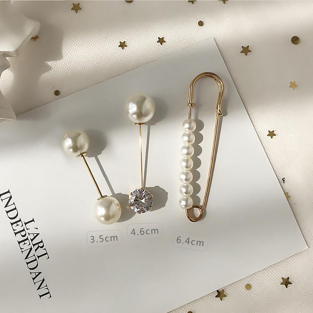 Fashion Prevent Wardrobe Malfunction Pearl Bead Diamante Brooch Collar Pin Set